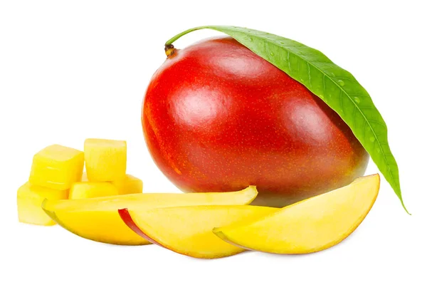 Mango Con Fette Foglie Verdi Isolate Fondo Bianco Cibo Sano — Foto Stock