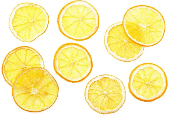 Fehér Alapon Izolált Szárított Narancsszeletek Felülnézet — Stock Fotó