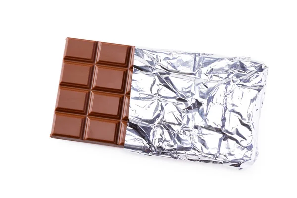 Mjölk Choklad Bar Folie Isolerad Vit Bakgrund Ovanifrån — Stockfoto