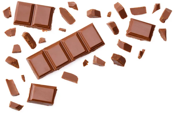 Trozos Chocolate Con Leche Aislados Sobre Fondo Blanco Vista Superior —  Fotos de Stock