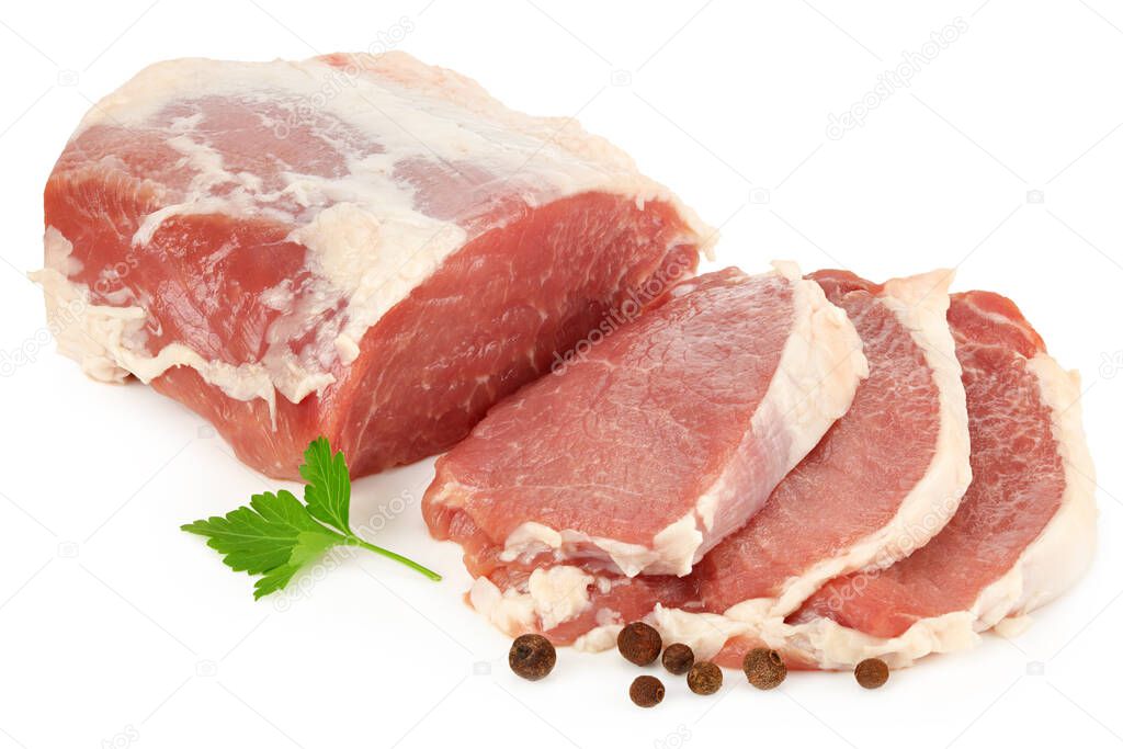 Sliced raw pork meat with parsley and peppercorns isolated on white background. top view