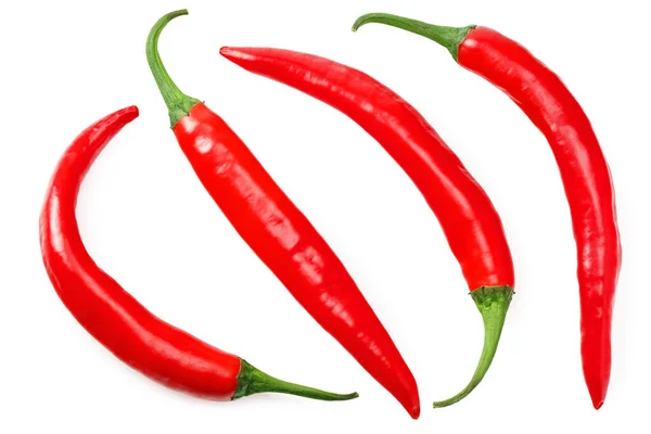 Rode Hete Chili Pepers Geïsoleerd Witte Achtergrond Bovenaanzicht — Stockfoto