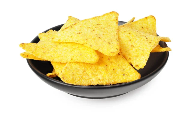 Maïs Chips Nachos Een Zwarte Plaat Geïsoleerd Witte Achtergrond — Stockfoto