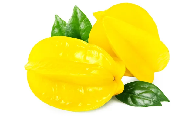 Amarelo Carambola Com Folhas Verdes Isoladas Sobre Fundo Branco — Fotografia de Stock