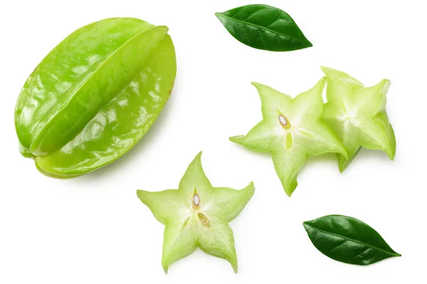 Carambola Con Hojas Verdes Rebanadas Aisladas Sobre Fondo Blanco Vista —  Fotos de Stock