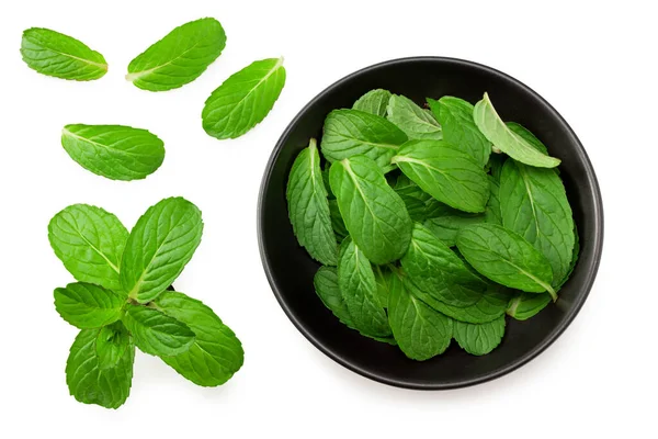 Fresh Mint Leaves Black Plate Isolated White Background Top View — Stock Photo, Image