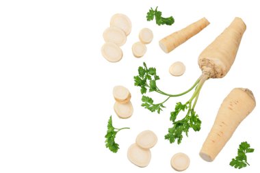 Beyaz arka planda izole edilmiş taze maydanoz kökü. en üstteki görünüm