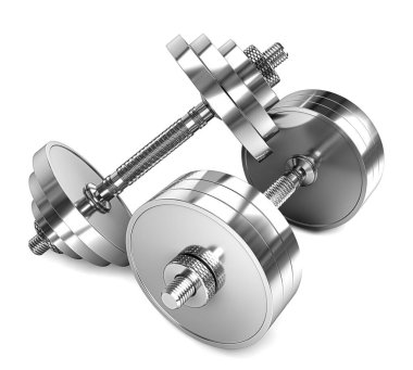 Beyaz arka planda izole edilmiş iki krom dambıl. 3 boyutlu görüntüleme. 3d illüstrasyon