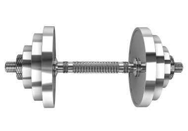 Beyaz arka planda izole edilmiş bir krom dambıl. 3 boyutlu görüntüleme. 3d illüstrasyon