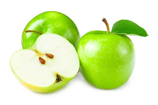 Manzanas Verdes Con Rodajas Hojas Verdes Aisladas Sobre Fondo Blanco — Foto de Stock