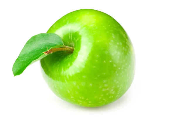 One Green Apple Green Leaves Isolated White Background — Stock Photo, Image