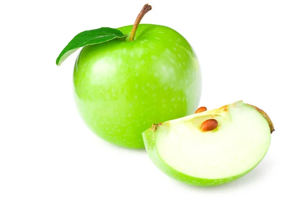 Manzanas Verdes Con Rodajas Hojas Verdes Aisladas Sobre Fondo Blanco — Foto de Stock