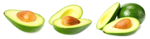 Avocado Collectie Verse Avocado Met Plakjes Geïsoleerd Een Witte Achtergrond — Stockfoto