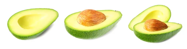 Avocado Collectie Verse Avocado Met Plakjes Geïsoleerd Een Witte Achtergrond — Stockfoto