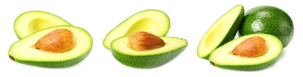 Avocado Collectie Verse Avocado Met Plakjes Geïsoleerd Een Witte Achtergrond — Stockfoto
