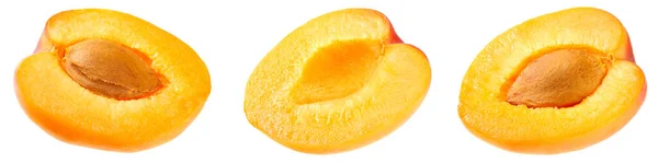 Aprikoskärlssamling Aprikos Frukter Med Skivor Och Gröna Blad Isolerad Vit — Stockfoto
