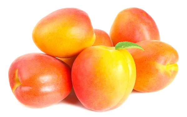 Aprikosenfrüchte Mit Scheiben Und Grünem Blatt Isoliert Auf Weißem Hintergrund — Stockfoto