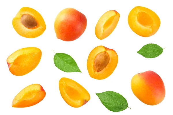 Apricot Fruits Slices Green Leaf Isolated White Background Top View — Stock Photo, Image