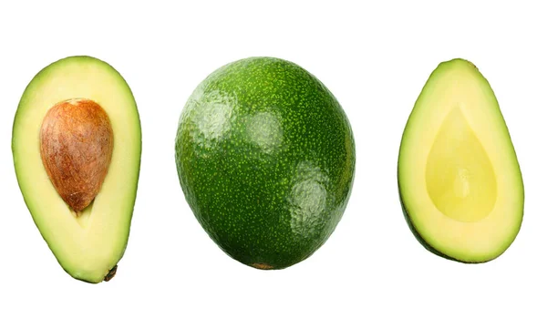 Avocado Met Plakjes Geïsoleerd Witte Achtergrond — Stockfoto