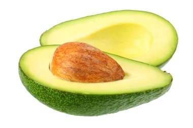 beyaz arkaplanda izole edilmiş dilimleri olan avokado