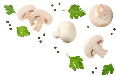 Dilimlenmiş mantarlar, maydanoz yaprağı ve beyaz arka planda izole edilmiş biberler. en üstteki görünüm