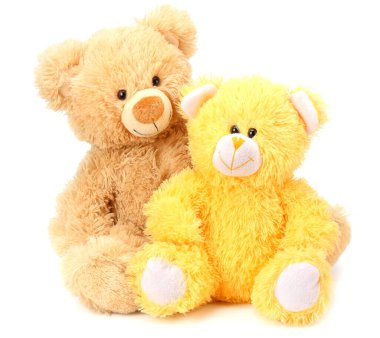 Beyaz arka planda izole edilmiş iki oyuncak ayı