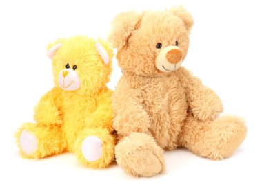 Beyaz arka planda izole edilmiş iki oyuncak ayı