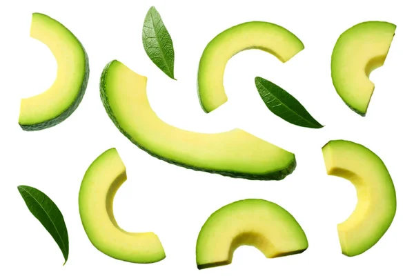 Gesneden Avocado Met Bladeren Geïsoleerd Witte Achtergrond Bovenaanzicht — Stockfoto