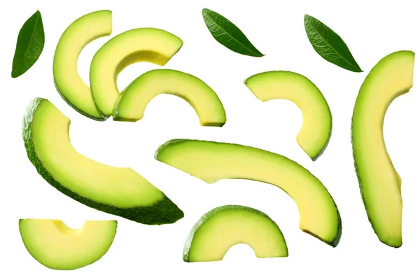 Avocado Scheiben Geschnitten Mit Blättern Isoliert Auf Weißem Hintergrund Ansicht — Stockfoto