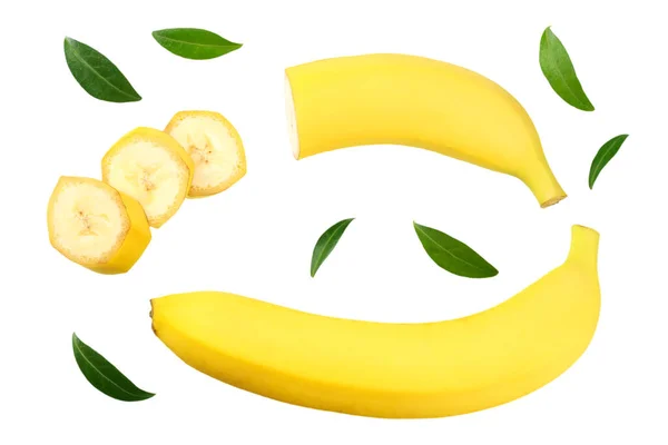 Plátano Rodajas Con Hojas Verdes Aisladas Sobre Fondo Blanco Vista —  Fotos de Stock