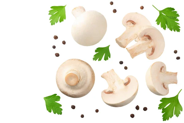 Cogumelos Com Fatias Folha Salsa Pimenta Isolada Sobre Fundo Branco — Fotografia de Stock
