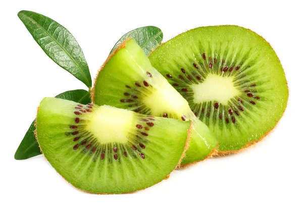 Snijdt Kiwi Fruit Met Bladeren Geïsoleerd Witte Achtergrond — Stockfoto