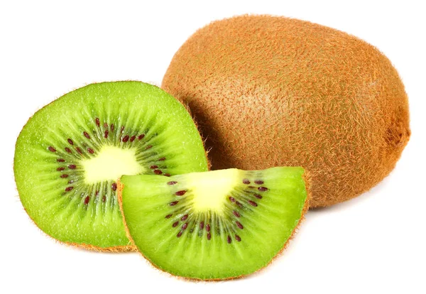 Kiwi Fructe Felii Frunze Verzi Izolate Fundal Alb — Fotografie, imagine de stoc