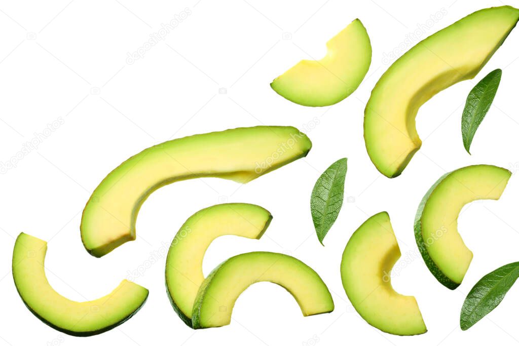 sliced avocado with leaves isolated on white background. top view