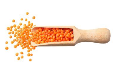 Beyaz arka plan üzerinde izole tahta kaşık mercimek kazık. Üstte görüntü.