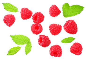 Beyaz arka planda yeşil yapraklı olgun ahududu. en üstteki görünüm