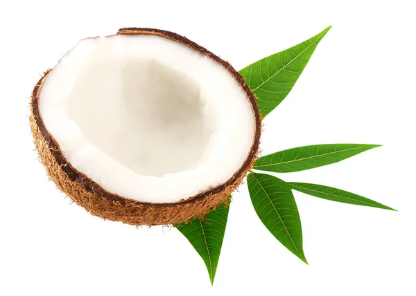 Hälfte Der Kokosnuss Mit Grünen Blättern Auf Weißem Hintergrund — Stockfoto