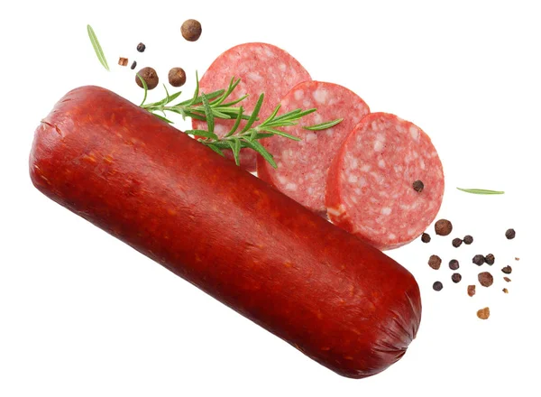 Salame Defumado Salsicha Com Fatias Alecrim Pimenta Isolada Sobre Fundo — Fotografia de Stock