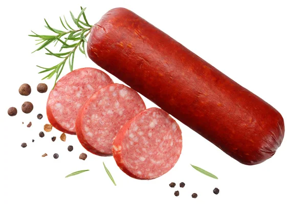 Salame Defumado Salsicha Com Fatias Alecrim Pimenta Isolada Sobre Fundo — Fotografia de Stock