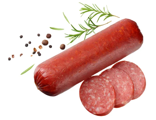 Salame Defumado Salsicha Com Fatias Alecrim Pimenta Isolada Sobre Fundo — Fotografia de Stock