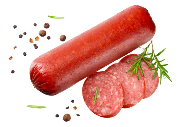 Salame Defumado Salsicha Com Fatias Alecrim Pimenta Isolada Sobre Fundo — Fotografia de Stock