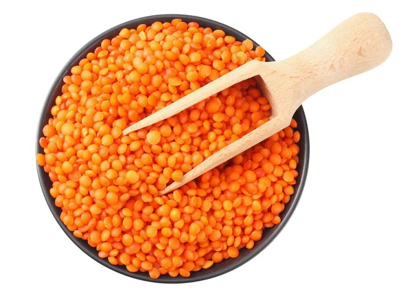 Pile Lentil Black Bowl Isolated White Background Top View — Stock Photo, Image