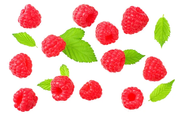 Reife Himbeeren Mit Grünen Blättern Auf Weißem Hintergrund Ansicht Von — Stockfoto