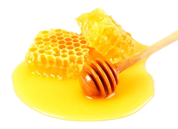 Honeycomb Medovým Drapákem Medem Izolované Bílém Pozadí — Stock fotografie