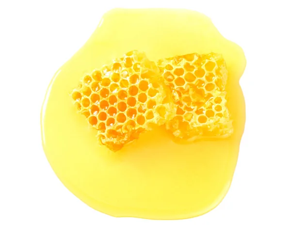 Honingraat Met Honing Geïsoleerd Witte Achtergrond Bovenaanzicht — Stockfoto