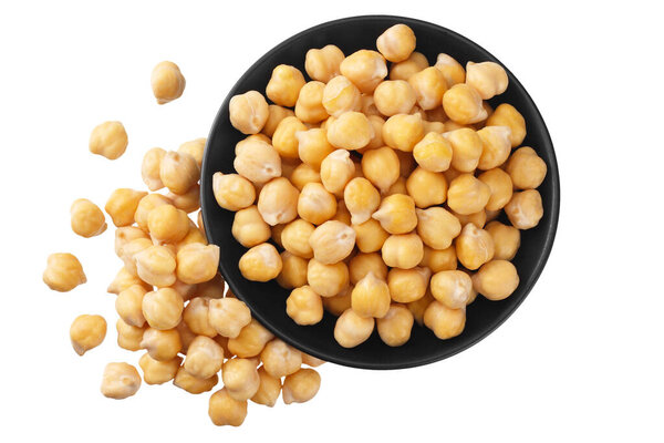 chickpeas in black bowl isolated on white background. top view 