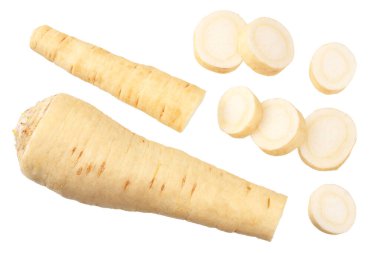 Beyaz arka planda izole edilmiş taze maydanoz kökü. en üstteki görünüm