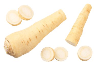 Beyaz arka planda izole edilmiş taze maydanoz kökü. en üstteki görünüm