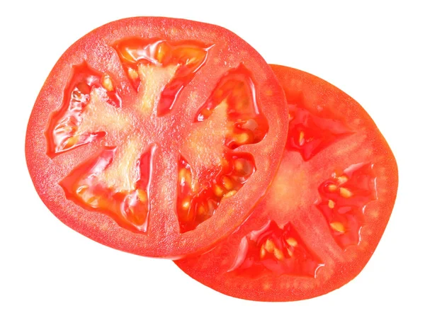 Verse Tomatenschijfjes Geïsoleerd Witte Achtergrond Bovenaanzicht — Stockfoto