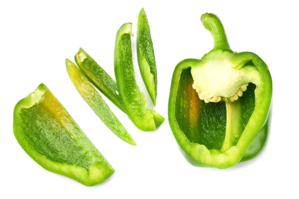 Pimiento Verde Dulce Con Rodajas Aisladas Sobre Fondo Blanco Vista —  Fotos de Stock